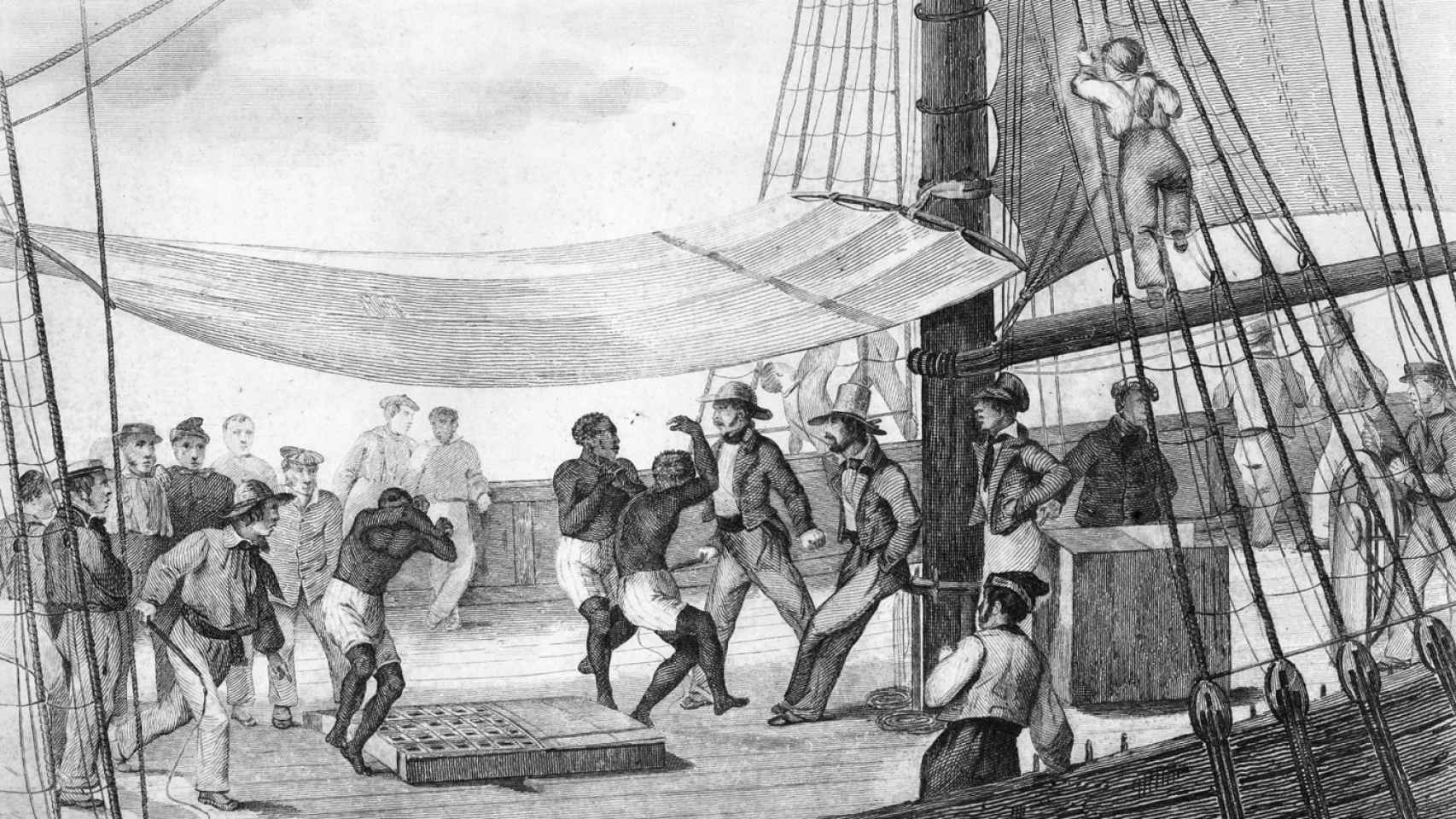 Una escena en un barco negrero con esclavos bailando entre marinos con látigos.