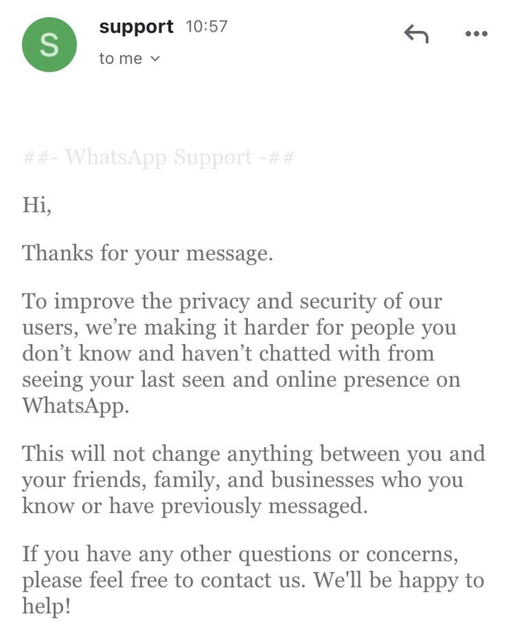 Respuesta del servicio de soporte de WhatsApp sobre este tema