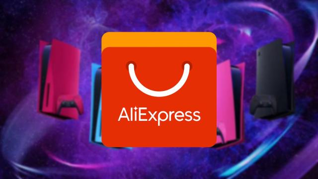 Logo de AliExpress junto a las PlayStation 5 de colores.