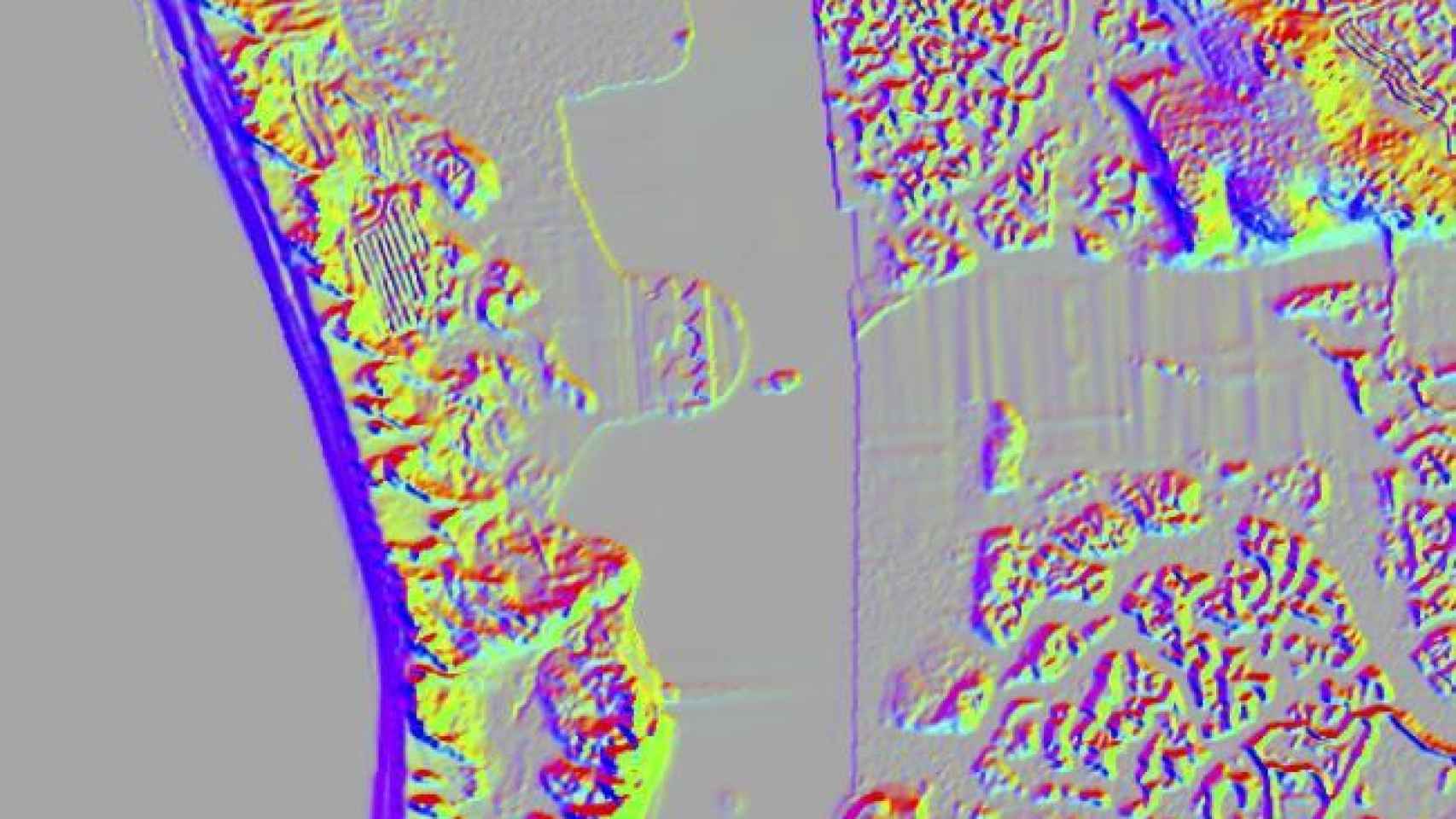 Principales estructuras y transformaciones del terreno detectadas en el área de la actual desembocadura del caño de Sancti Petri a partir del análisis de las imágenes PNOALIDAR.