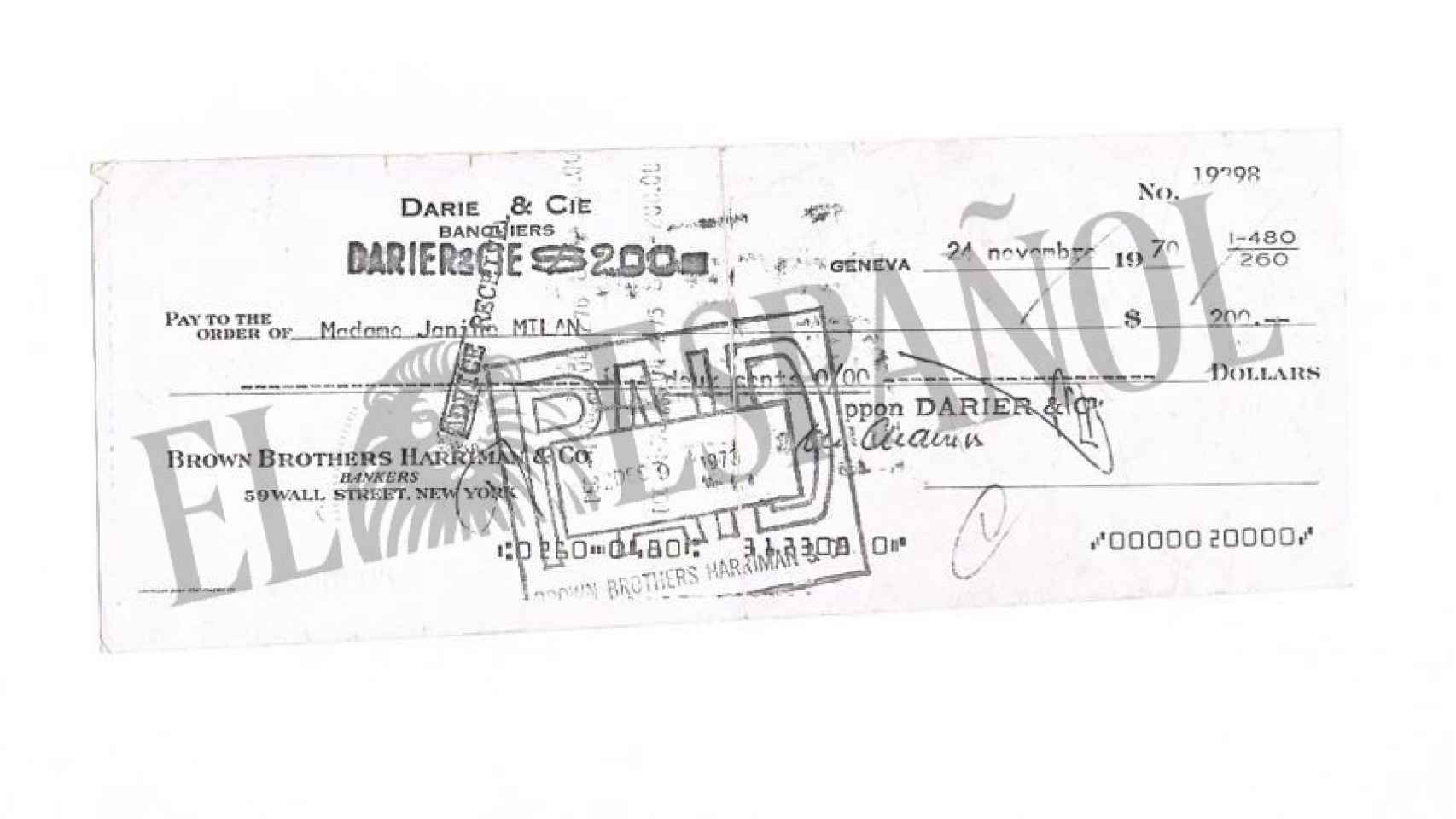 Uno de los numerosos cheques que Juana Alfonsa Milán cobró de su padre, Alfonso XIII, del banco suizo Darier & Cie.