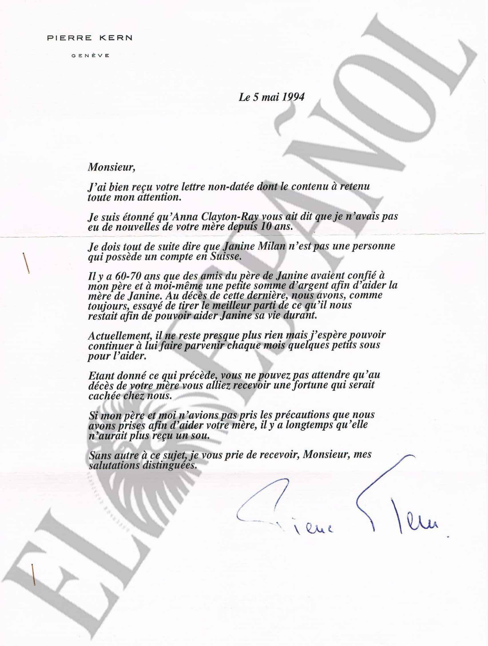 La carta que Pierre Kern envió a Pierre Emmanuel Milán como respuesta tras preguntar si su madre tenía una cuenta en el banco suizo.