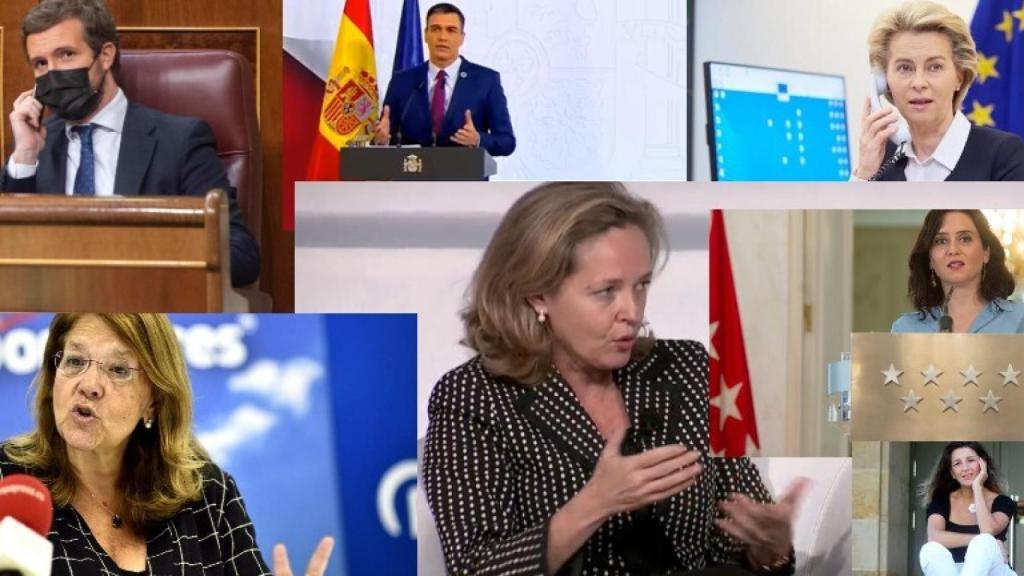 Pablo Casado, Pedro Sánchez, Ursula von der Leyen, Elvira Rodríguez, Nadia Calviño y Yolanda Díaz.