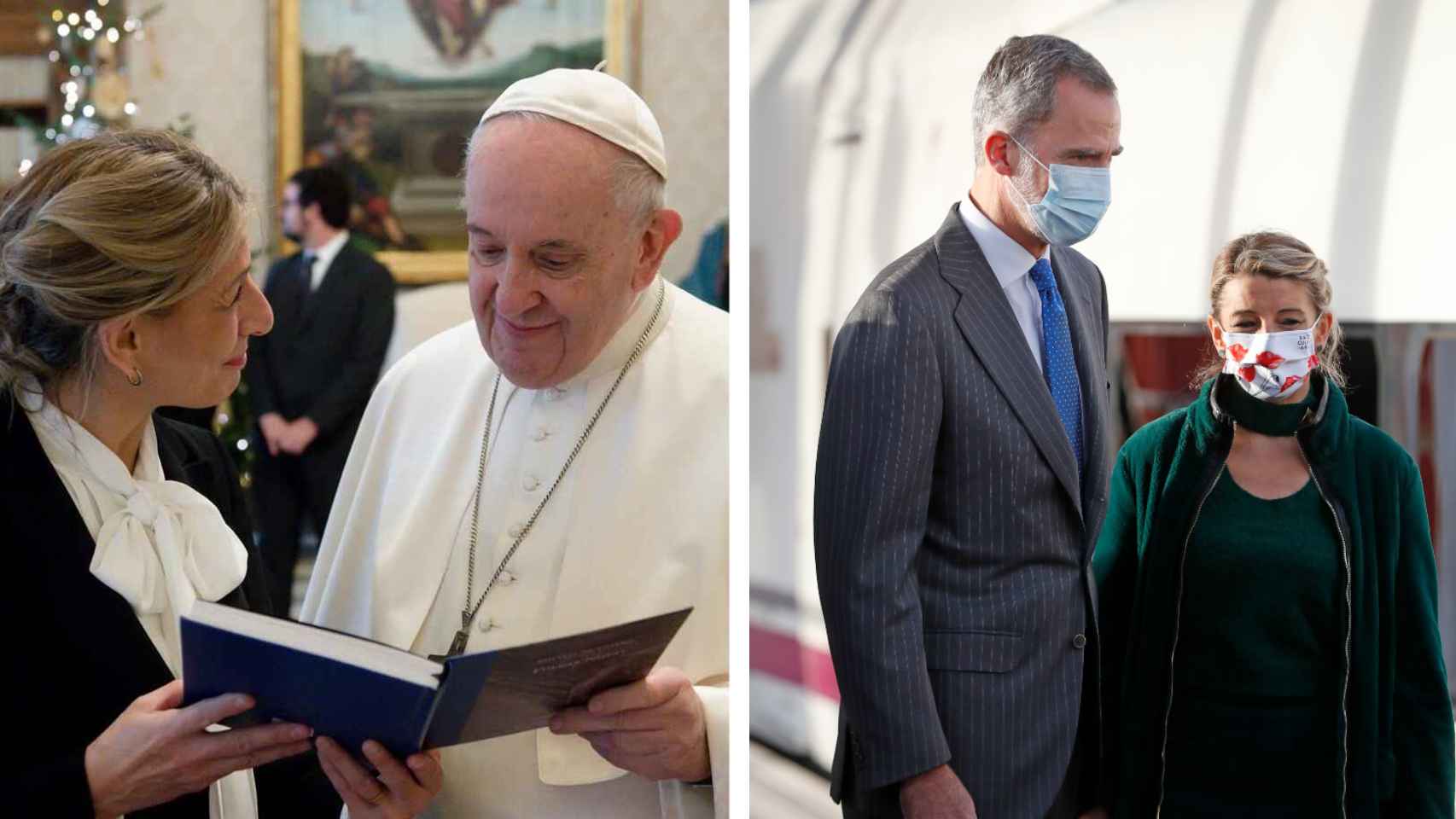 Yolanda Díaz junto al Papa Francisco en el Vaticano y con el rey Felipe VI en Galicia | Fotos: Vatican media, Gtres