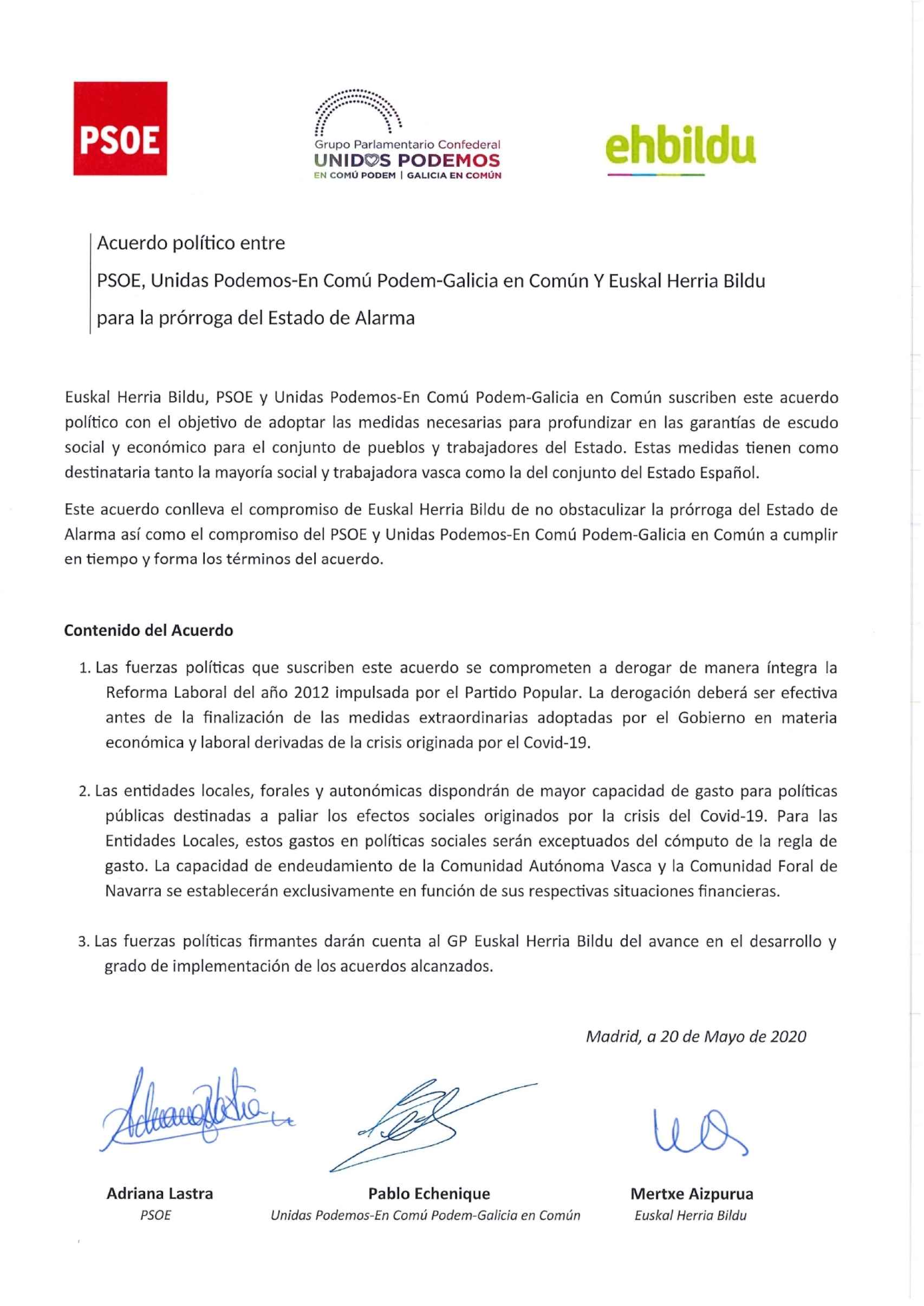 Acuerdo PSOE-Podemos-Bildu para derogar la reforma laboral del PP.