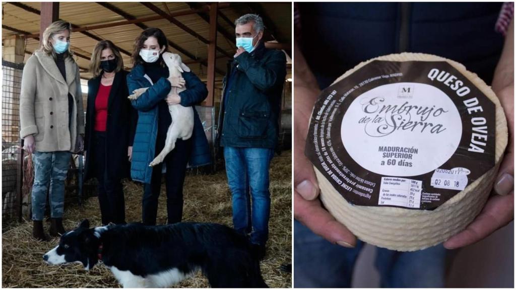 La presidenta de la Comunidad de Madrid, Isabel Díaz Ayuso, junto a María Jesús de Luca (2i) y Javier Ciriza, los ganaderos tras el queso Embrujo de la Sierra.