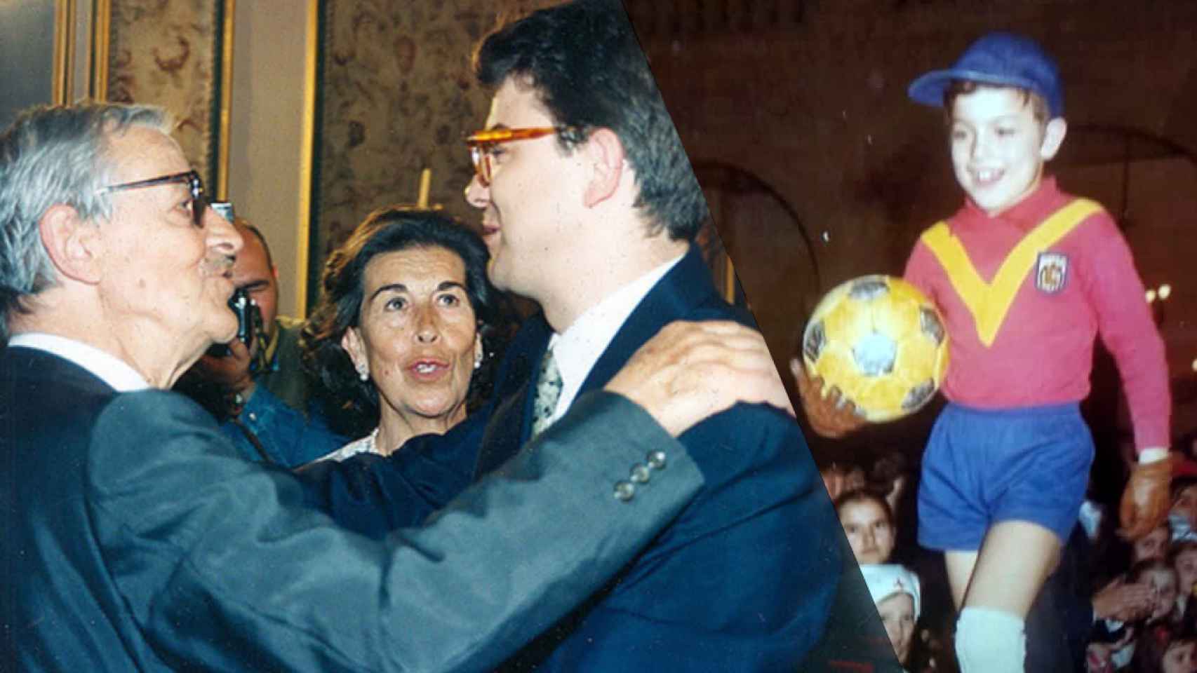 Alfonso Fernández Mañueco junto a sus padres y de niño, cuando era portero de fútbol sala.