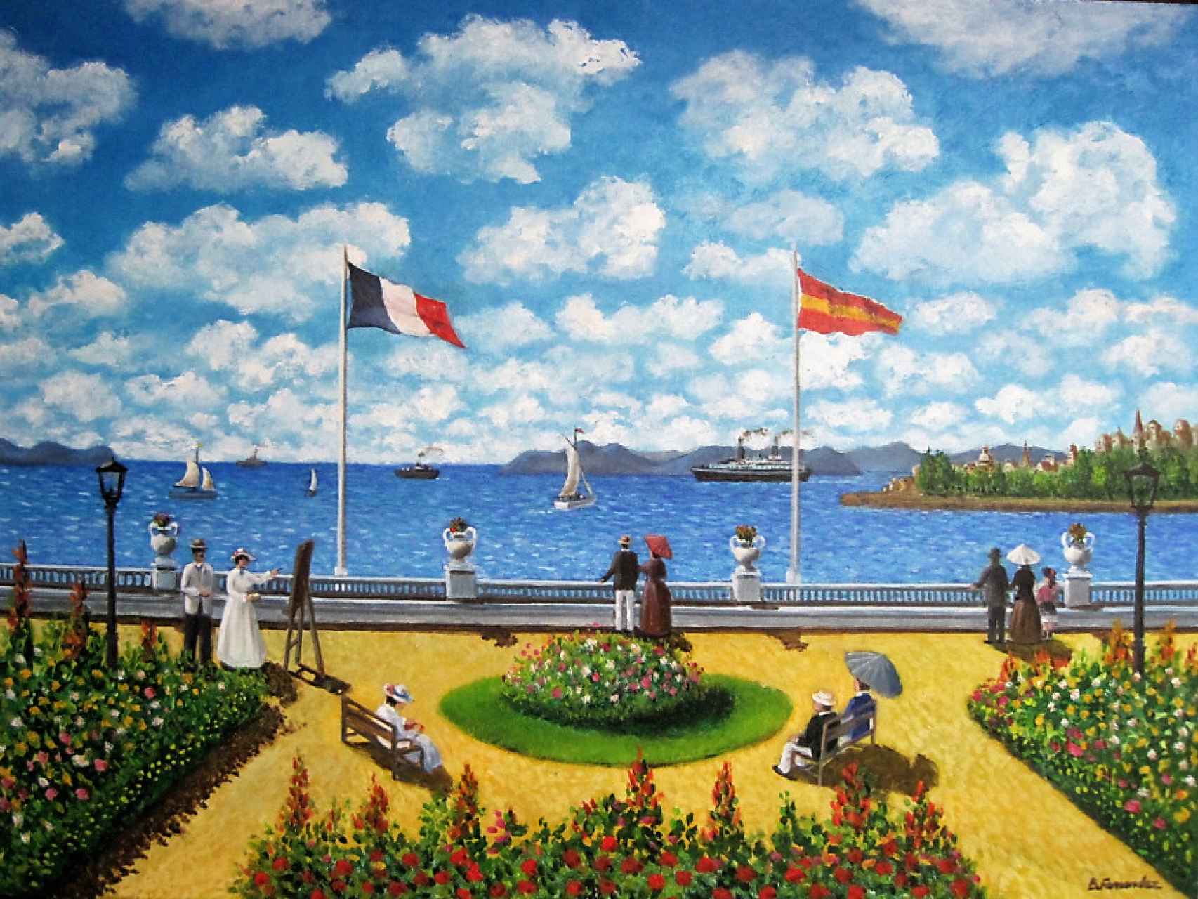 Tres cuadros al óleo de Benjamín Fernández de aire cinematográfico: 'El parque', 'El museo' y 'La bahía'.
