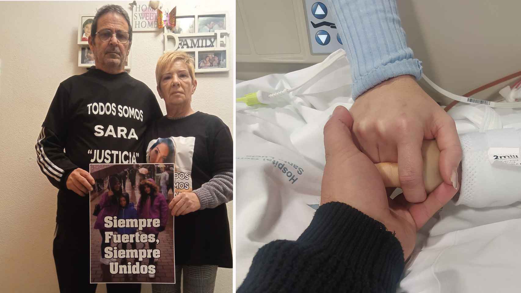 Damián y Felisa, los padres de Sara, con camisetas de apoyo a su hija. Al lado, los hermanos de Sara sujetándole la mano en el Hospital Santa Lucía de Cartagena.
