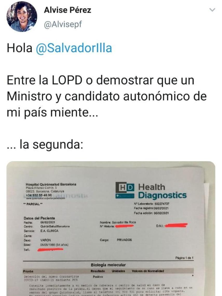 Publicación de Alvise en la que difundió el bulo sobre Salvador Illa.