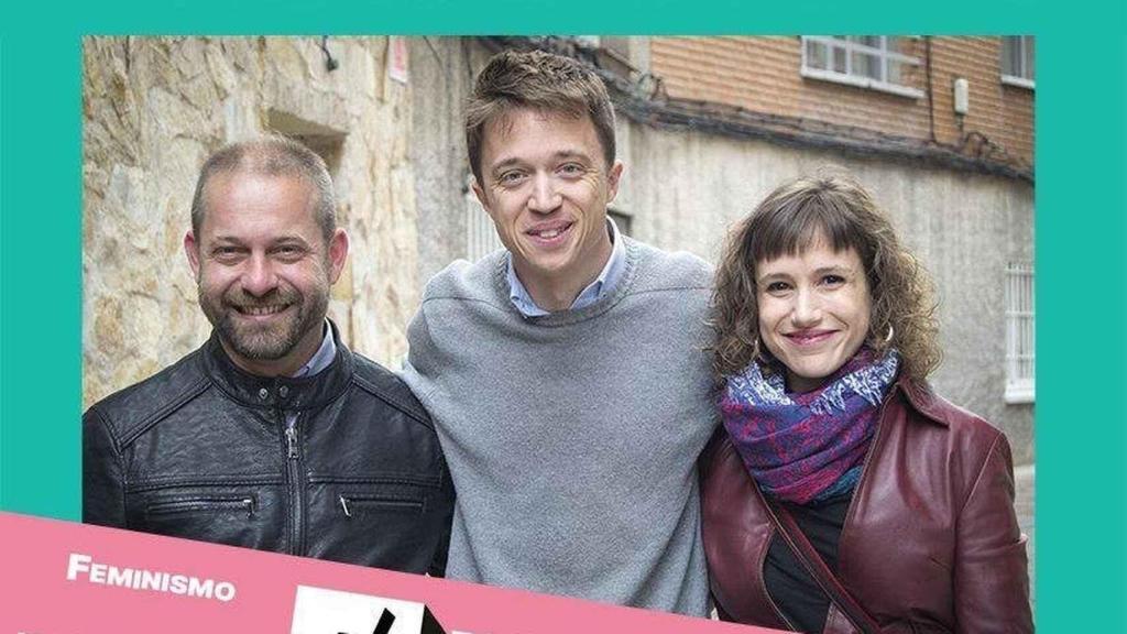 De izquierda a derecha: Fran Muñoz, Íñigo Errejón y Eva Martínez, en un cartel electoral de Más Madrid.