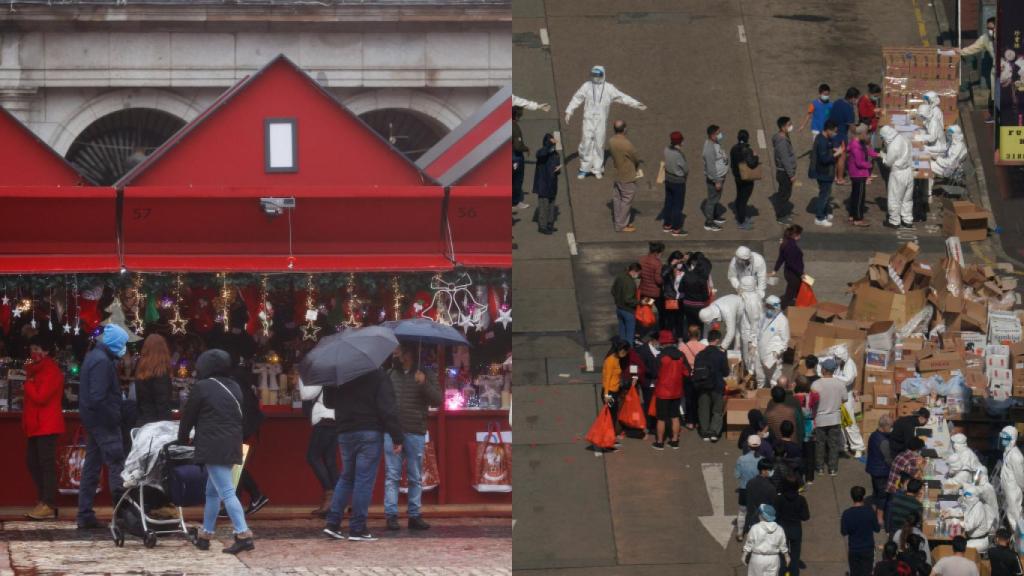 A la izquierda, un puesto navideño en la Plaza Mayor de Madrid. A la derecha, el control de Hong Kong a la población.