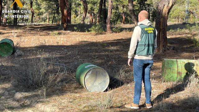 Uno de los bidones de resina en un pinar de Segovia