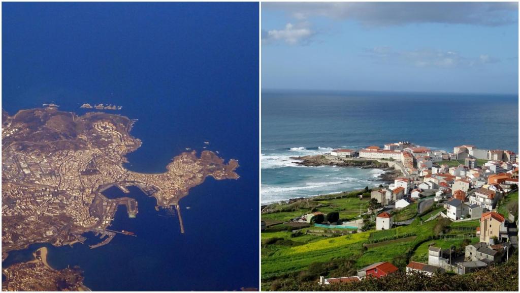 Vista aérea de A Coruña y foto de Caión, en A Laracha, el municipio más afectado