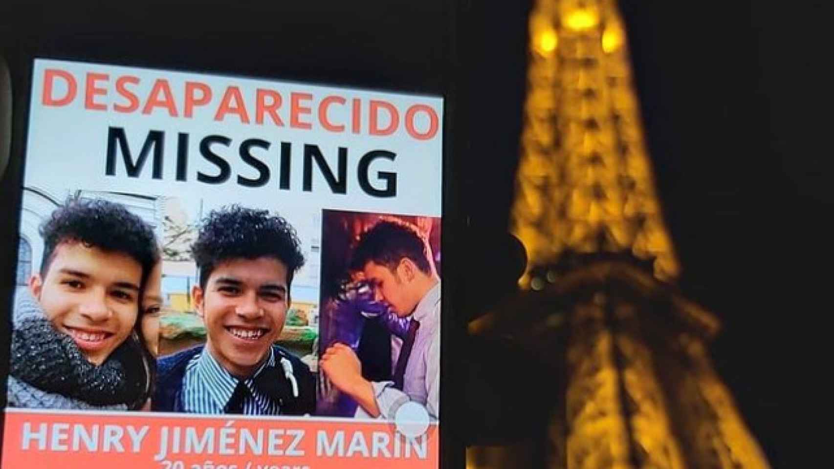 El cartel de su desaparición, en un móvil con el fondo de la Torre Eiffel en París.