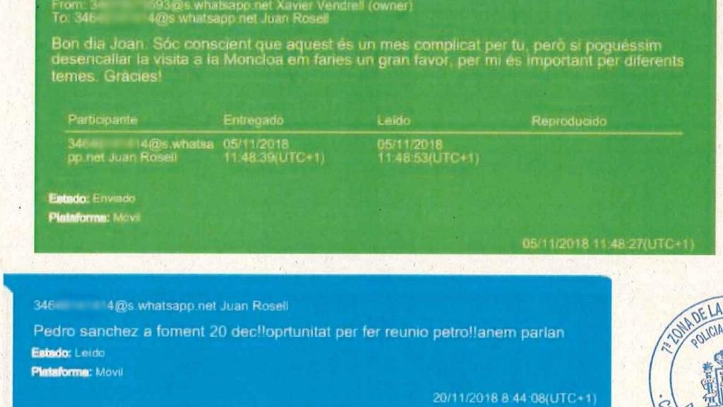 Los mensajes que Xavier Vendrell intercambió en noviembre de 2018 con el entonces presidente de la CEOE, Juan Rosell.