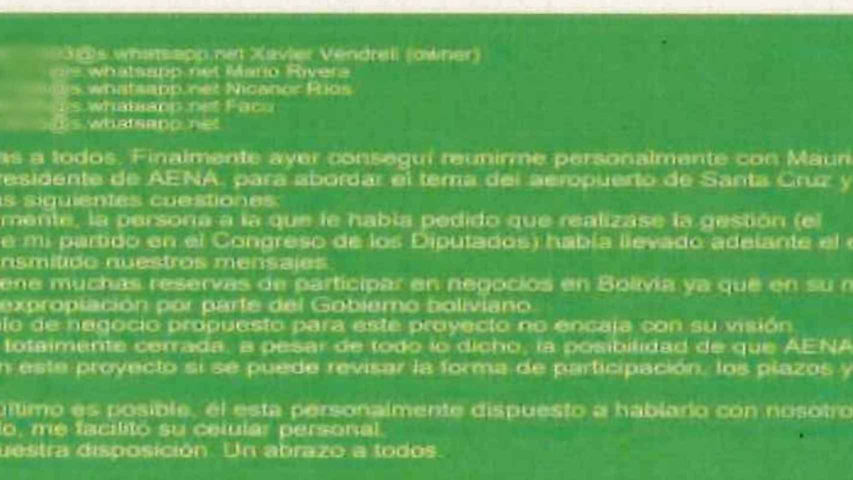 Xavier Vendrell comunica a sus socios, en un mensaje de Telegram, la negativa del presidente de AENA al proyecto de Bolivia.