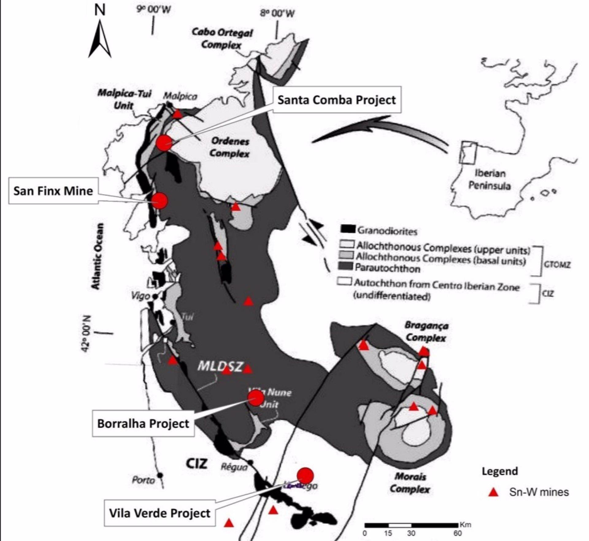 Mapa de inversiones de la compañía australiana Rafaella Resources tras comprar a Sacyr la mina de San Finx, en Lousame (A Coruña) (Rafaella Resources).