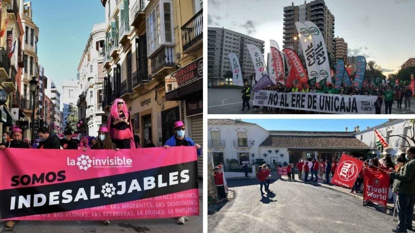 Collage con imágenes de protestas en Málaga.