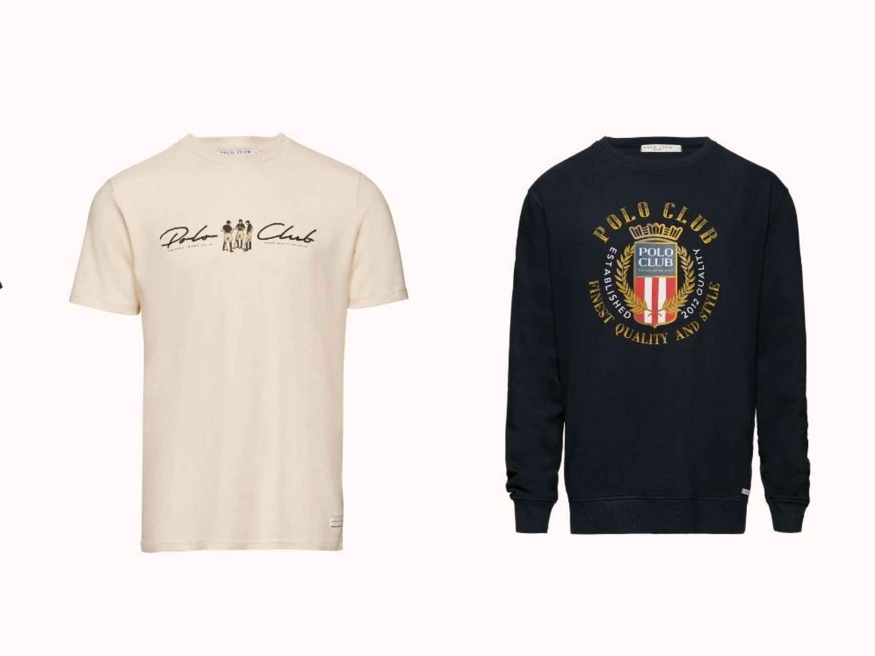 Camisetas de Polo Club. Camiseta manga corta en color beige -izquierda- (29,99 euros) y Sudadera orgánica en color azul marino (33,99 euros).