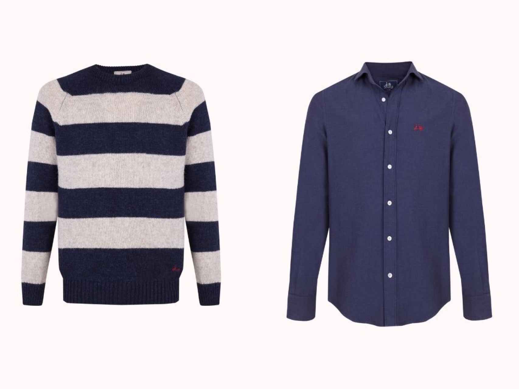 Jersey rayas en color marino -izquierda- (63,75 euros) y Camisa denim en color azul índigo (63,75 euros).
