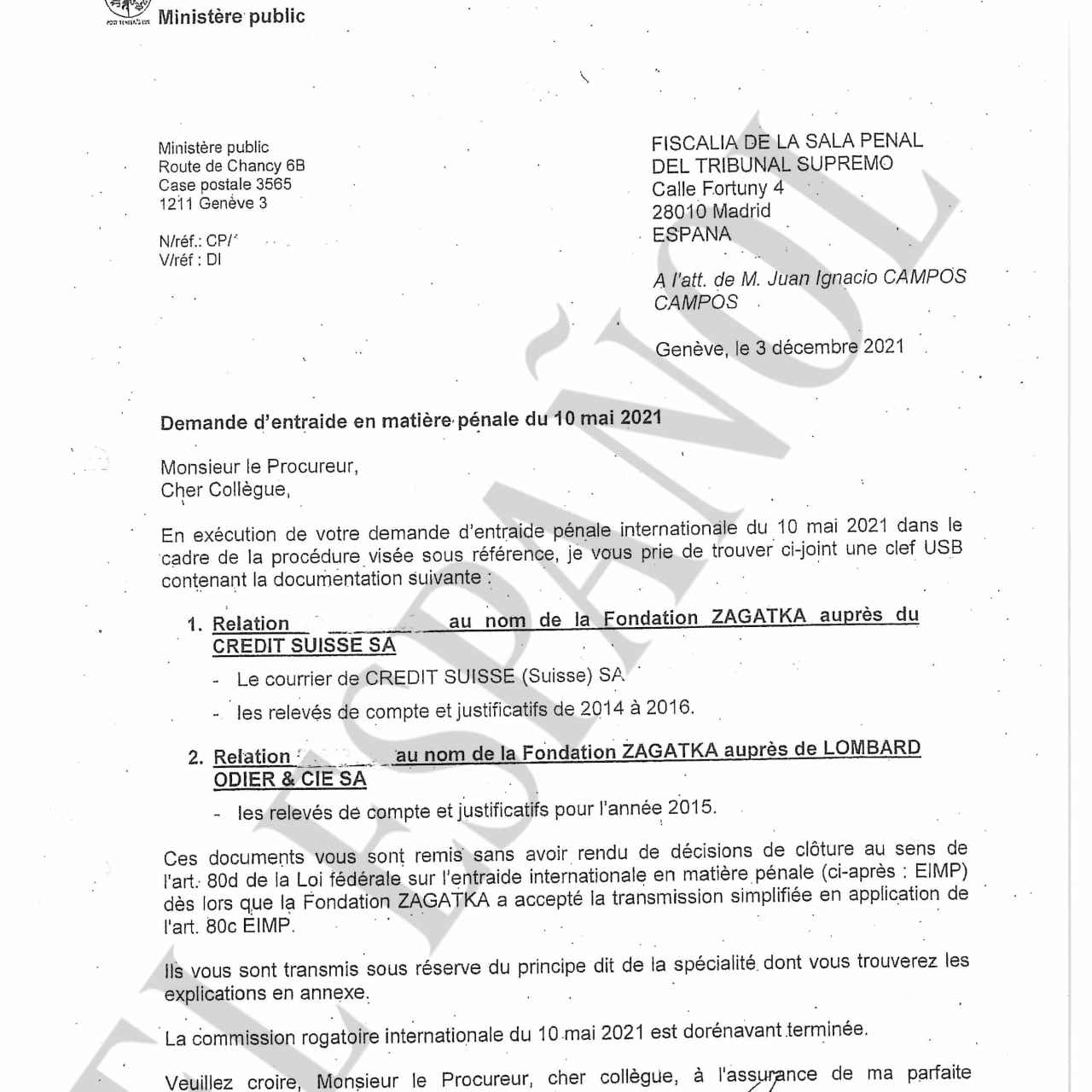 Documento del fiscal suizo Bertossa sobre la remisión de información relacionada con la Fundación Zagatka./