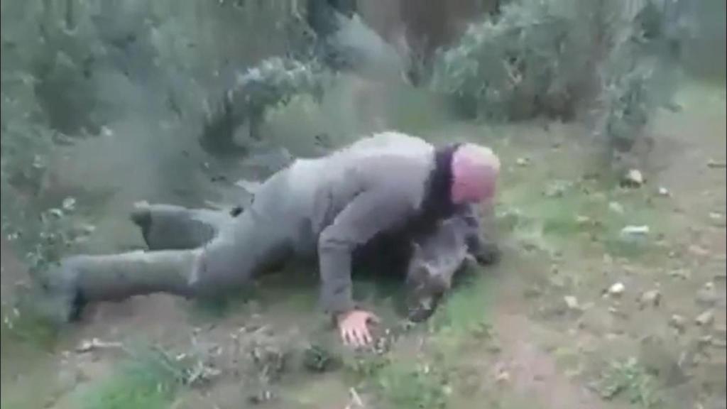 El cazador mordiendo el cadáver de un jabalí.