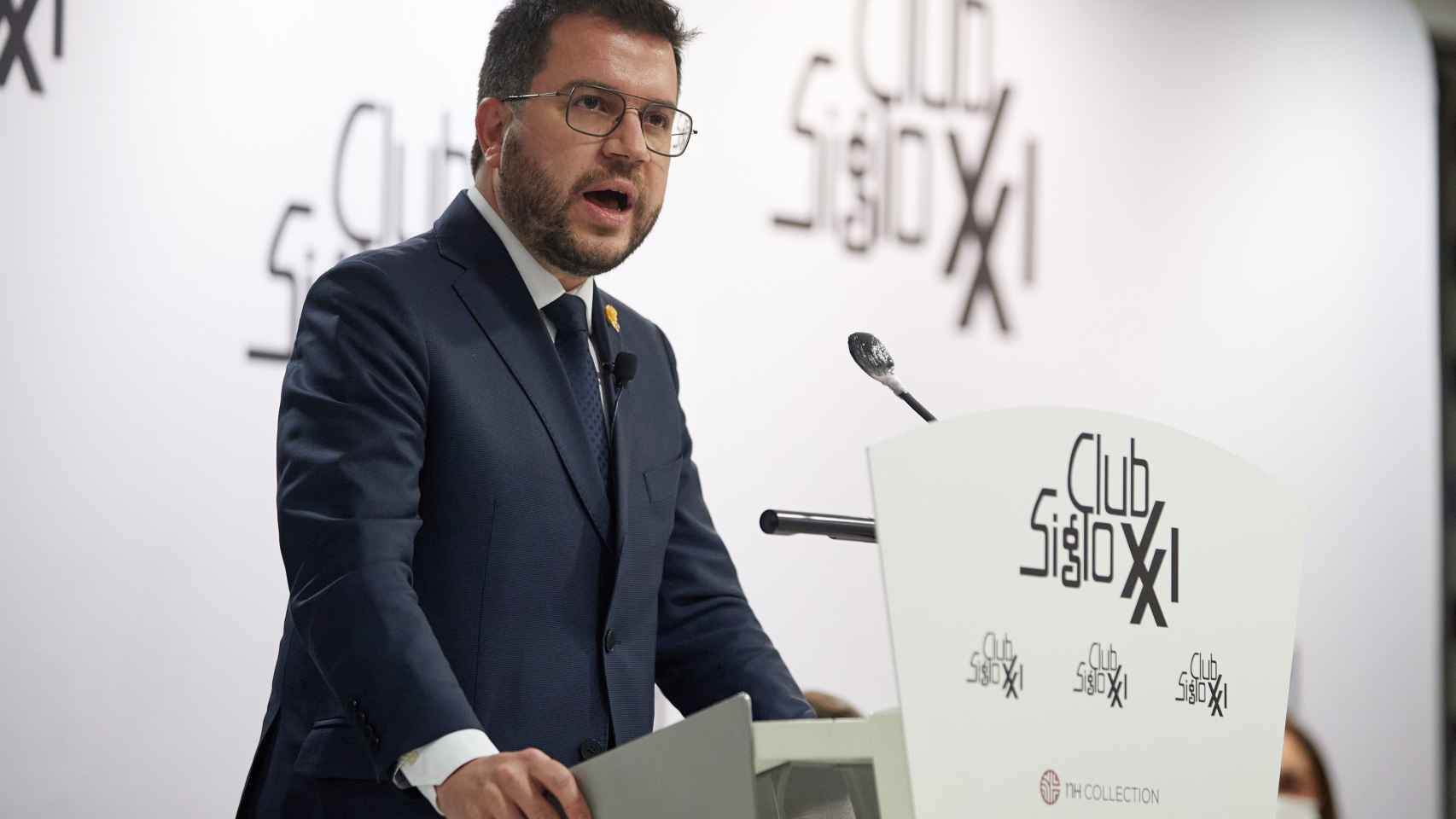 Pere Aragonès, durante su conferencia en el Club Siglo XXI de Madrid.