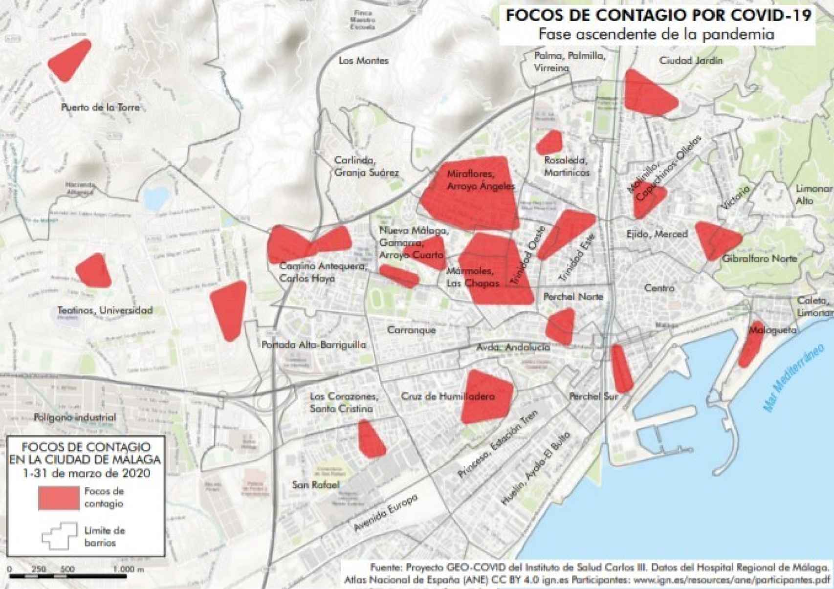 Mapa con los focos de contagios detectados en la primera ola de la Covid en Málaga.