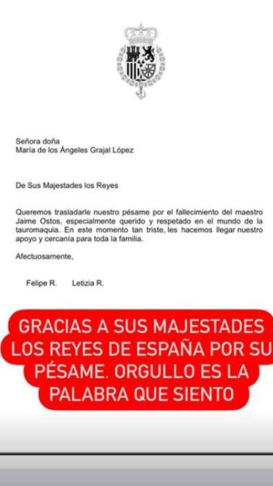 El mensaje de pésame de los reyes de España que ha compartido Jacobo Ostos en Instagram.