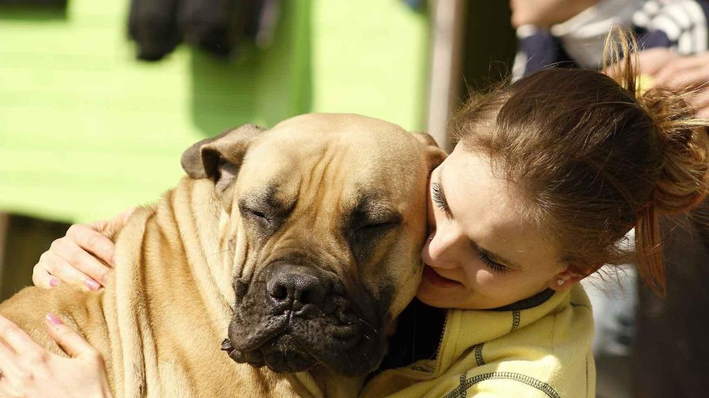 Una mujer mima a su perro.