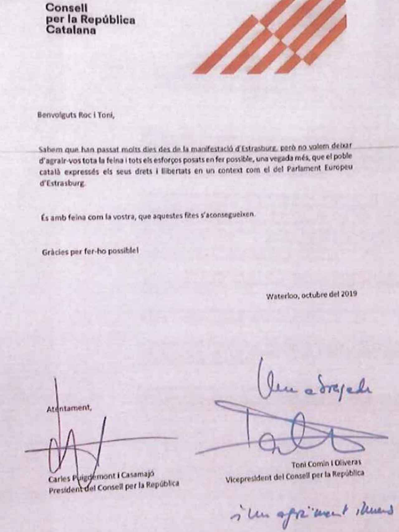 La carta de agradecimiento de Carles Puigdemont y Toni Comín a Iniciatives Events por la manifestación independentista de Estrasburgo.