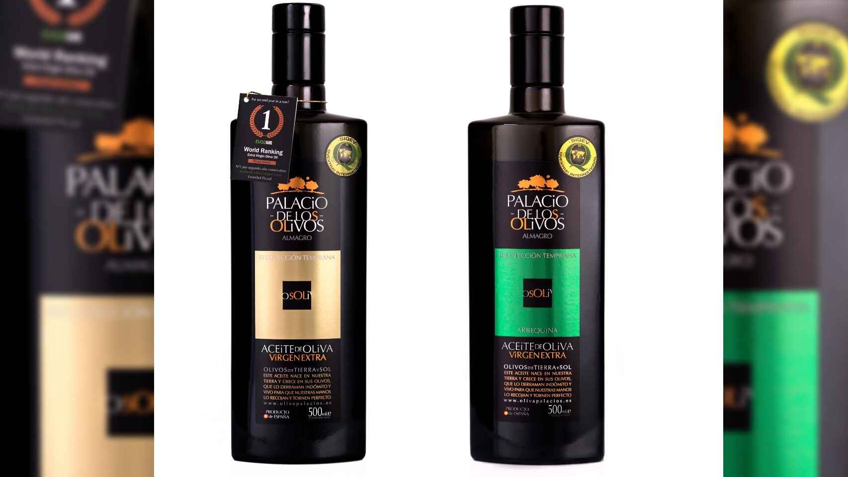 A la izquierda, el aceite de oliva de la variedad Picual y, a la derecha, el de la variedad Arbequina.