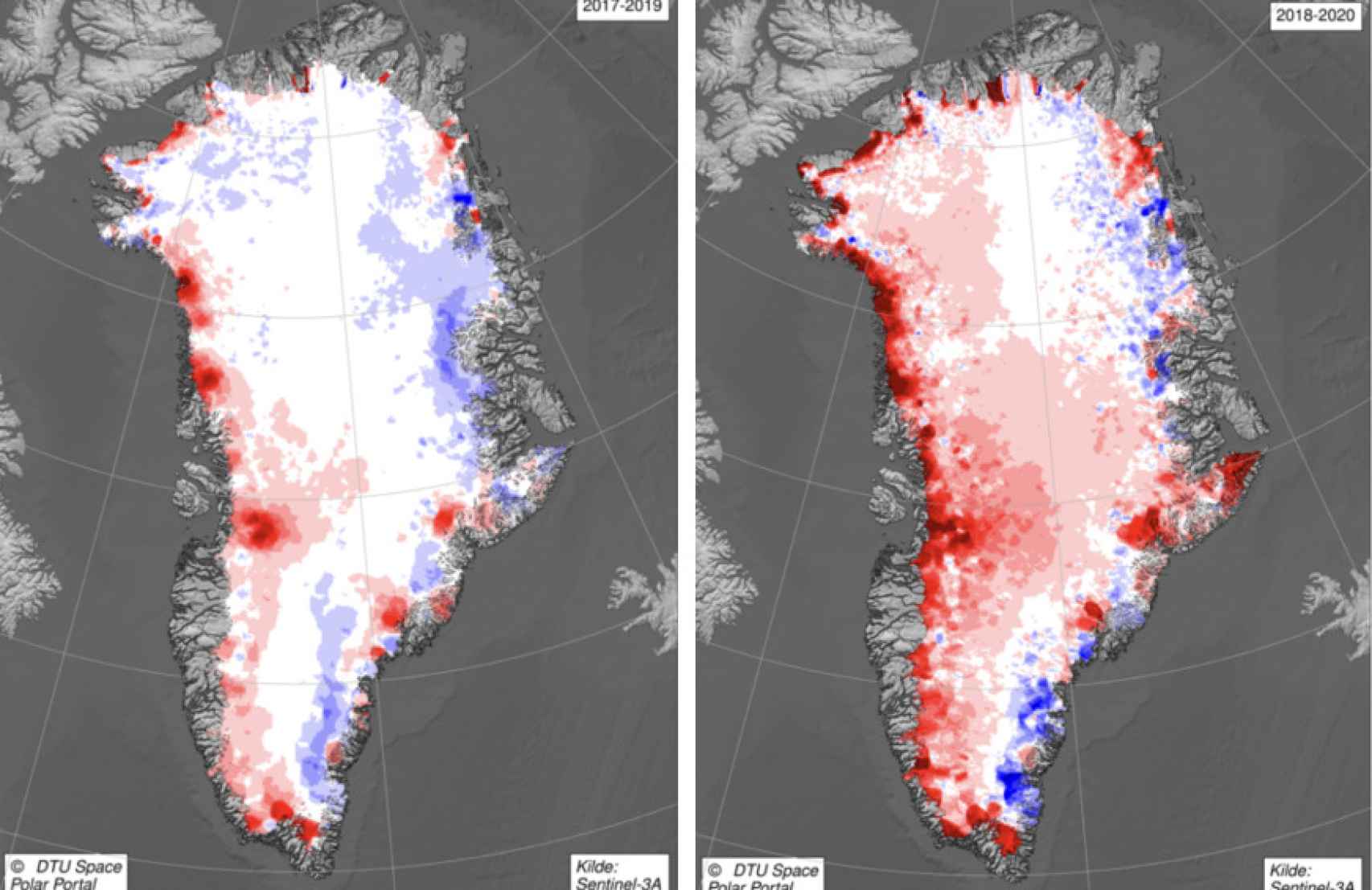 Imágenes tomadas por el satélite Sentinel-3A en las que se muestran zonas de Groenlandia en las que le hielo ha disminuido (rojo) y donde ha aumentado (azul). Se ve una ligera pérdida en 2017-2018 seguido de una mayor.