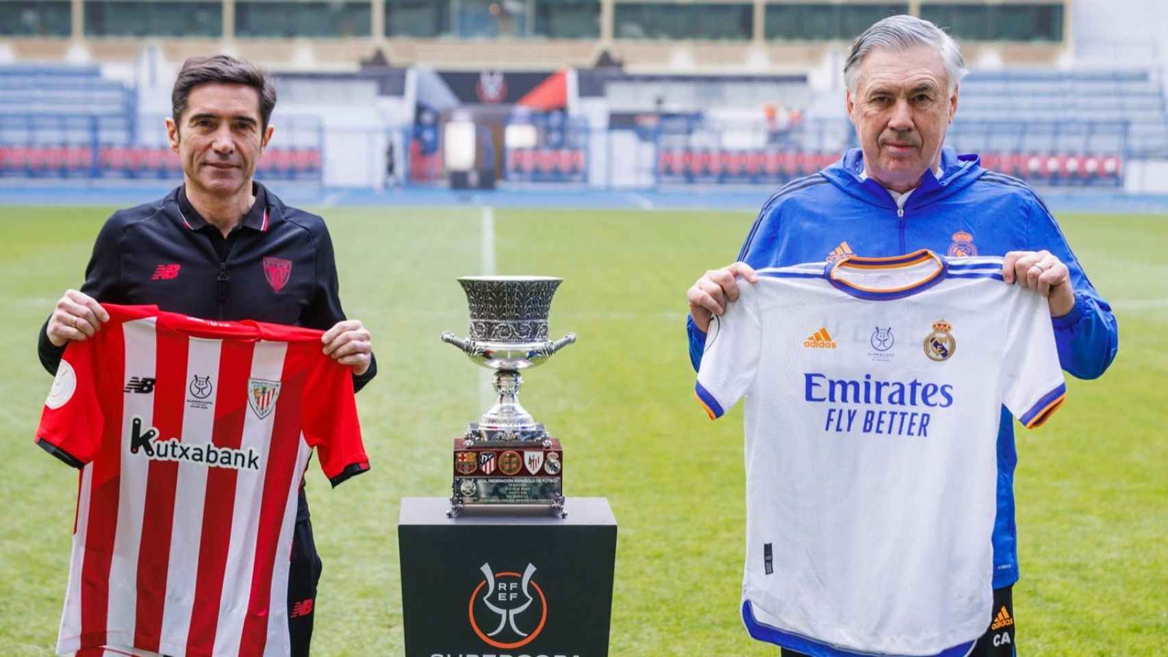 Marcelino y Ancelotti, antes de la final de la Supercopa de España