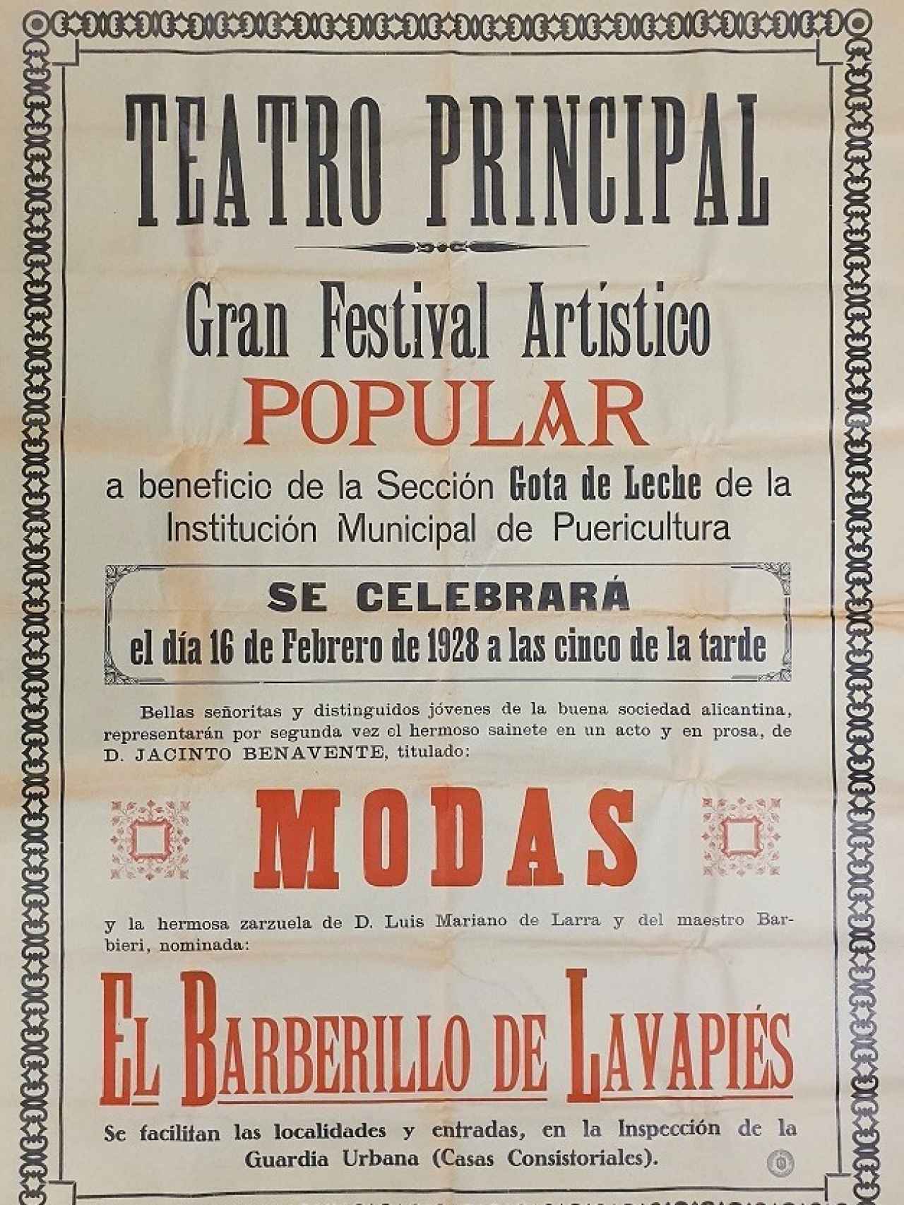 Imagen del cartel con el que se anunciaba en 1928 un festival benéfico.