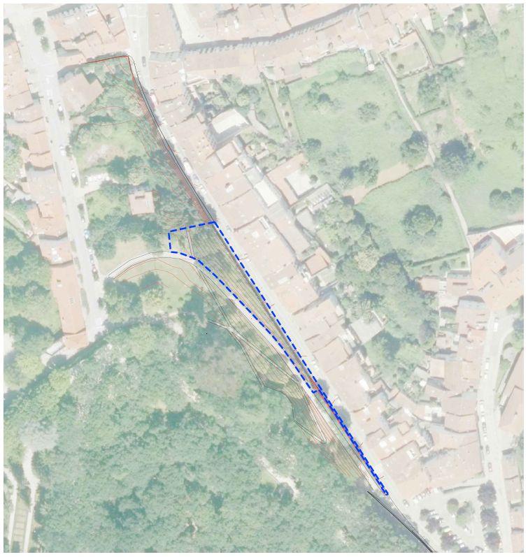 El ámbito al que afectarán las obras del muro de la Rúa do Pombal (Concello de Santiago)
