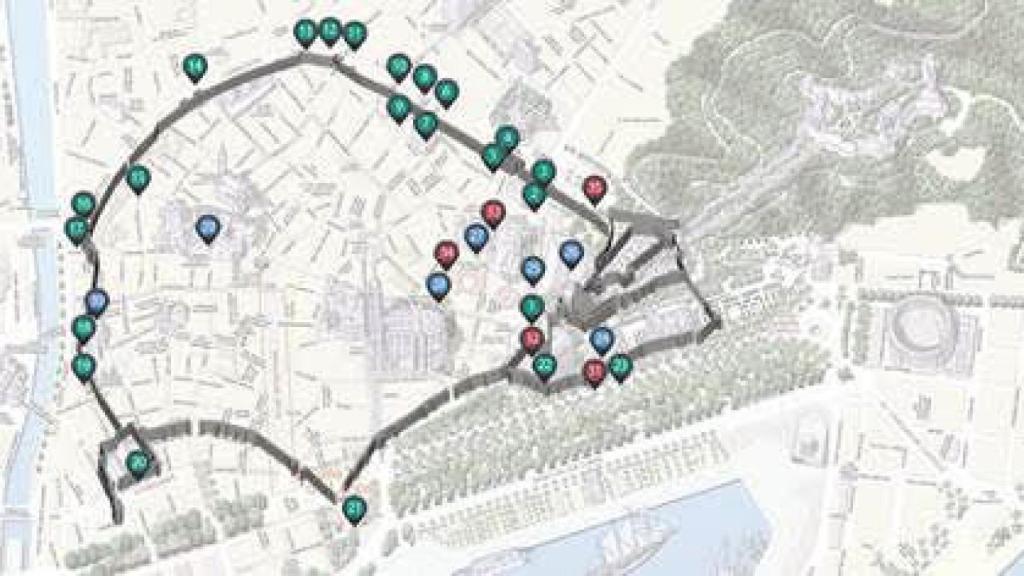 Mapa con los 35 puntos de interés arqueológico elaborado por el Ayuntamiento de Málaga.