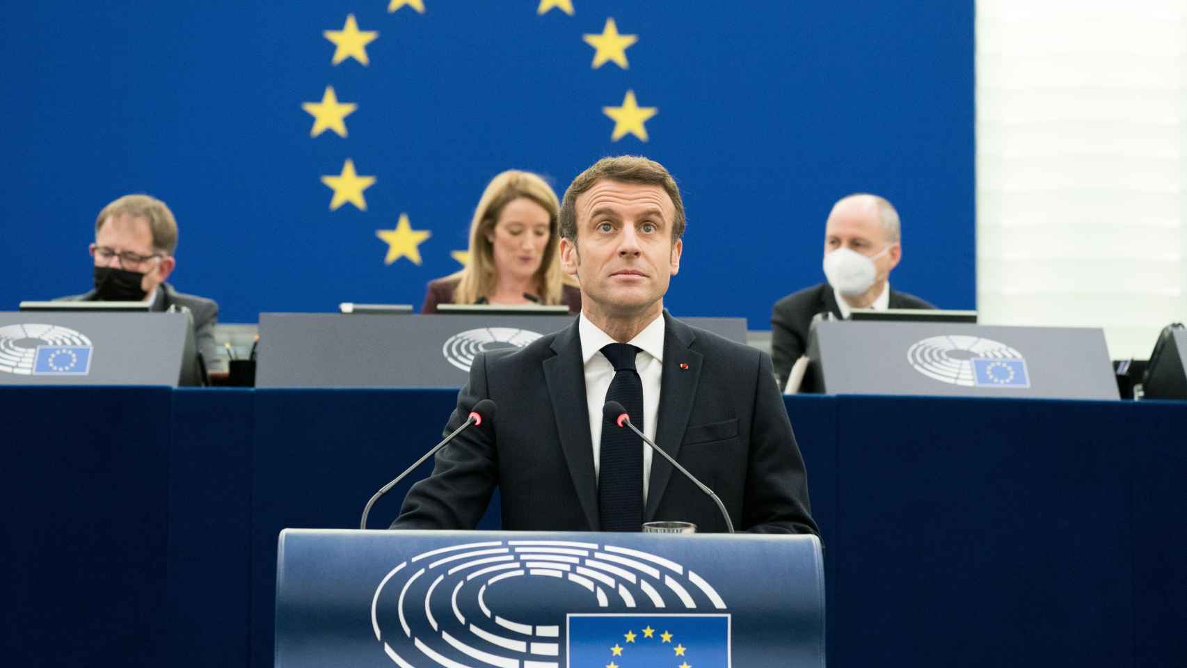 El presidente francés, Emmanuel Macron, durante su comparecencia el pasado 19 de enero en la Eurocámara.