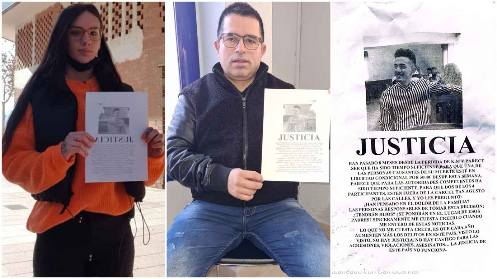Marta y Humberto mostrando el panfleto que está circulando por Jumilla pidiendo Justicia para Kevin.