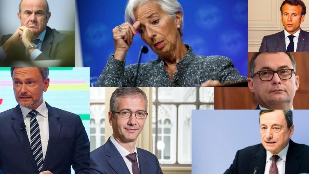 Luis de Guindos, Christine Lagarde, Emmanuele Macron, Christian Lindner, Pablo Hernández de Cos, Mario Draghi.