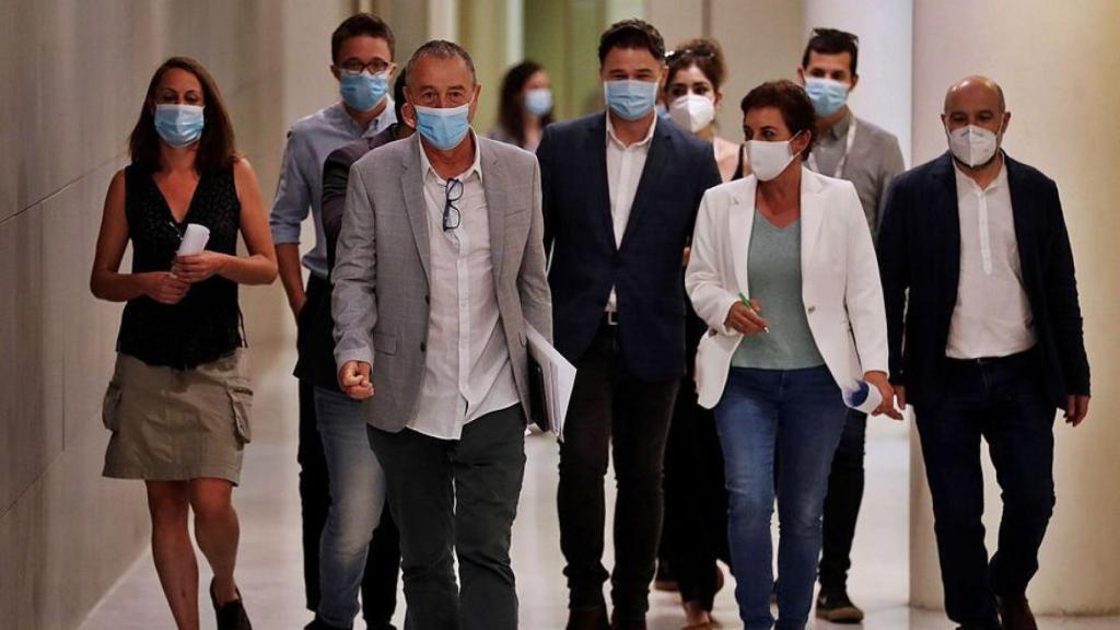 Vehí (CUP), Errejón (Más País), Baldoví (Compromís), Rufián (ERC), Aizpurua (Bildu) y Rego (BNG), en el Congreso.