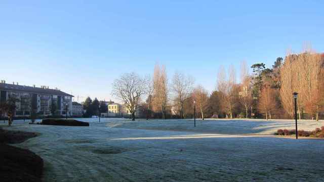 El parque de Galeras, en Santiago de Compostela, amanece helado por las bajas temperaturas.