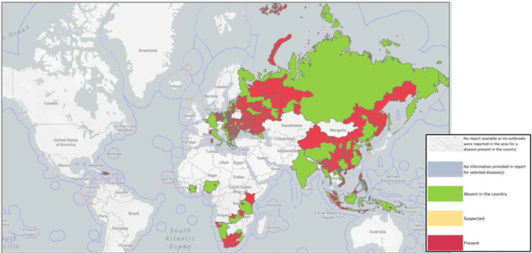 En rojo, países afectados. En verde, países sin casos. En gris, sin datos. Organización Mundial de Sanidad Animal (OIE).