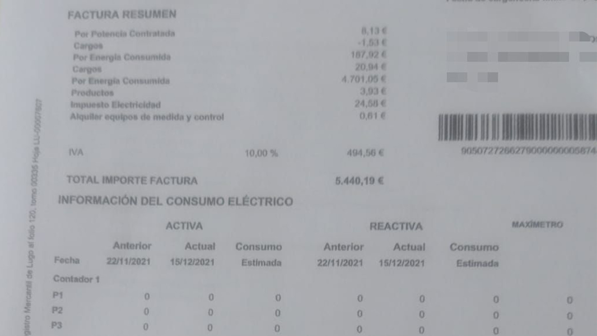 La factura de más de 5.000 euros que recibió Ángeles Suárez. Imagen cedida por ella misma