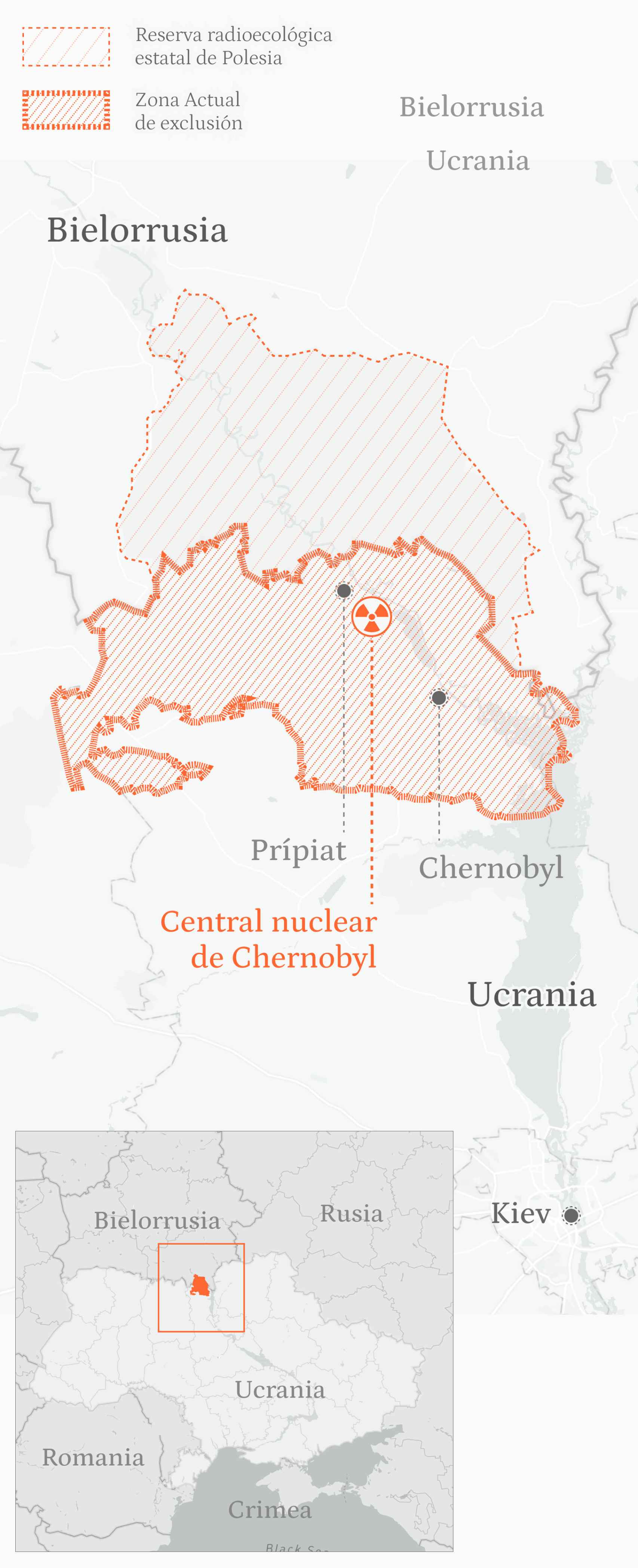 Mapa con la ubicación de la ciudad de Chernóbil, también escrito Chernobyl, y la central nuclear.