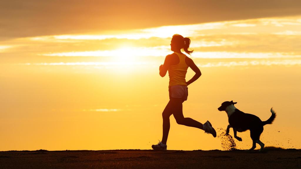 Una mujer y su perro corren frente a la playa durante el atardecer