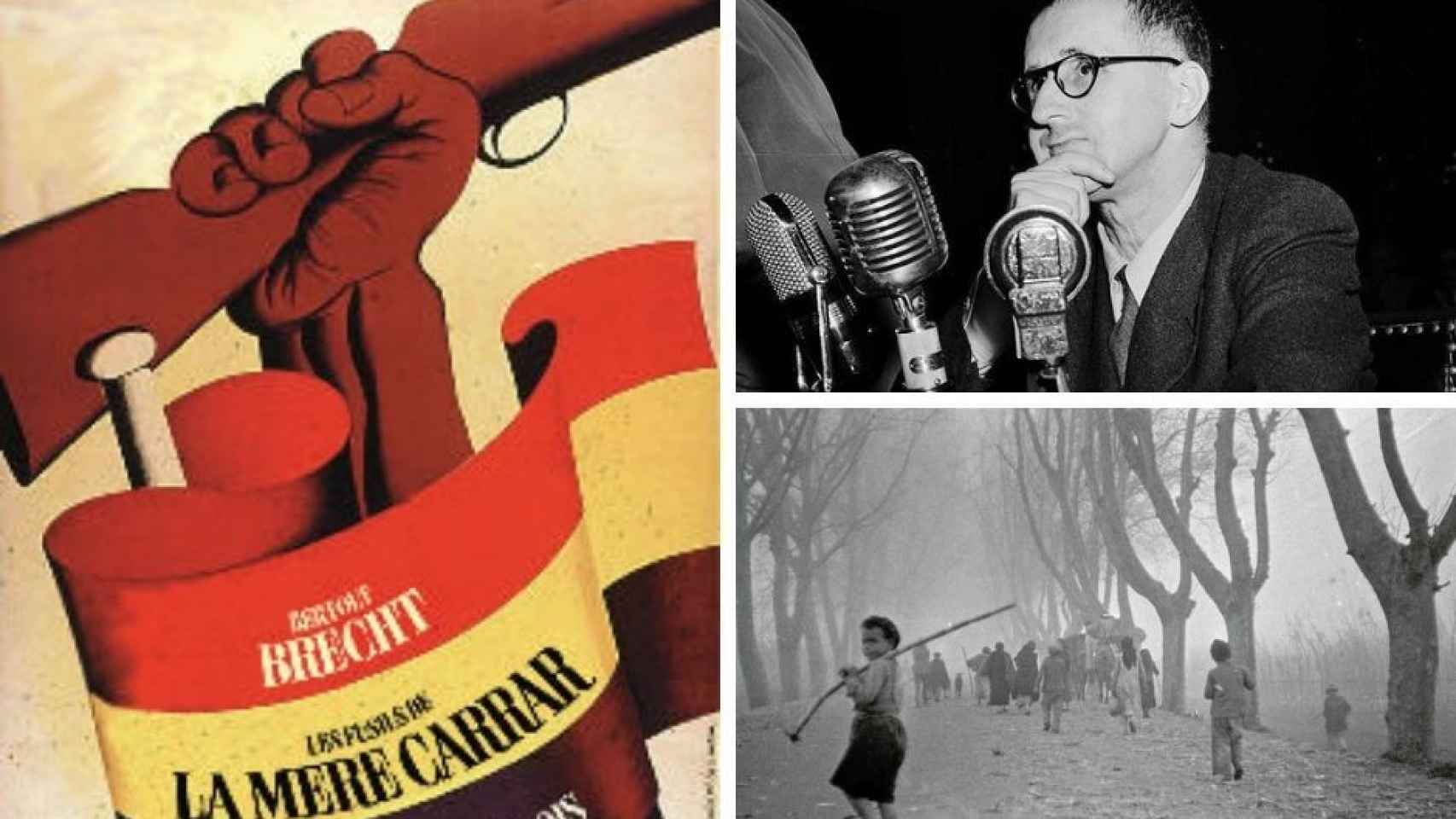 Un collage con imágenes de de La Desbandá, Bertolt Brecht y la obra de teatro.