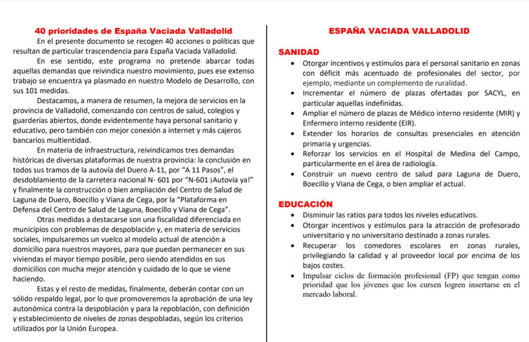 Programa electoral de España Vaciada Valladolid