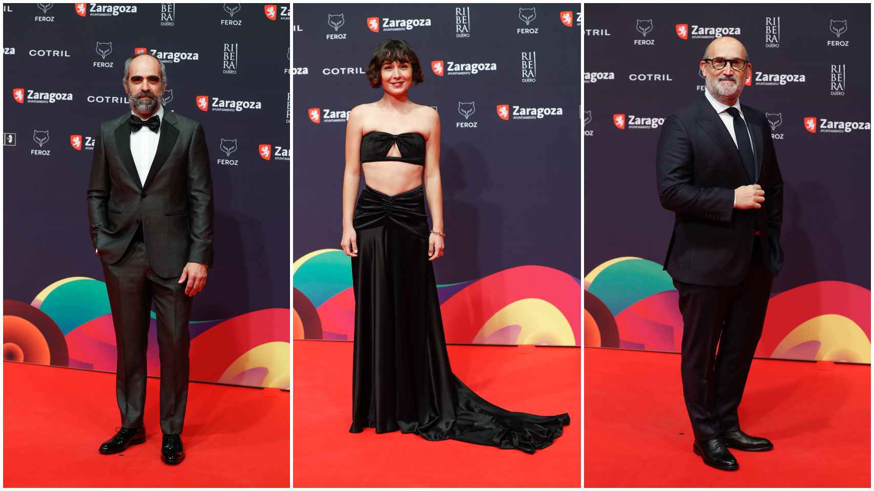 Luis Tosar, Nadia de Santiago y Javier Cámara en los premios Feroz vestidos de Pedro del Hierro.